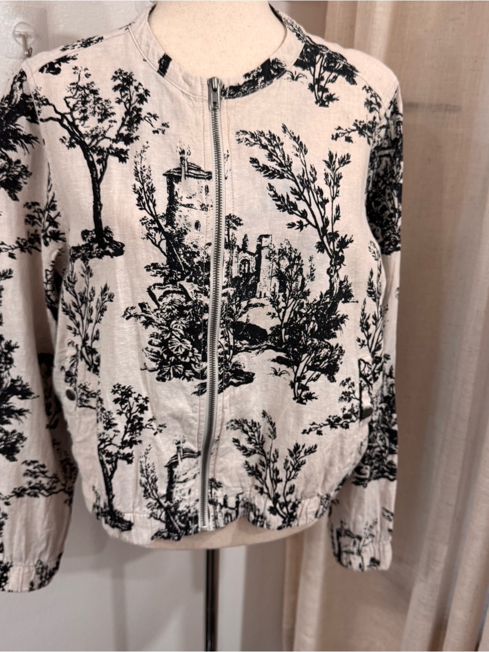 Joie 100% Linen Toile de Jouy Zip Front Jacket French Country Print L
